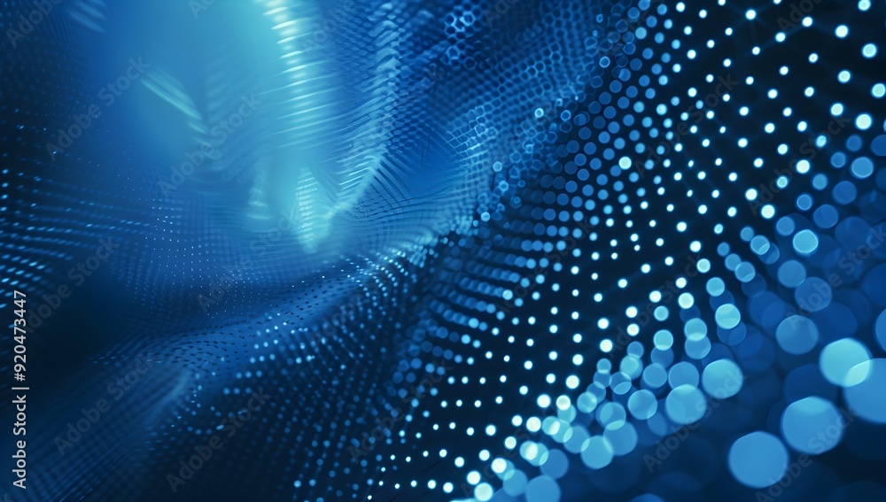 Poster abstract digital background with a blue gradient of dots and glowing lights, representing data techn