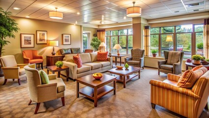 Cozy interior of a senior care facility with comfortable furniture, natural light, and warm colors, evoking a sense of safety and serenity for elderly residents.