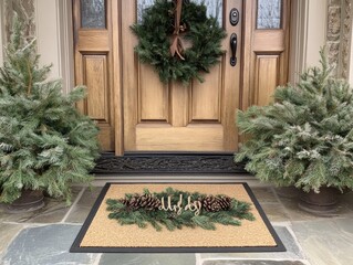 Welcome Mat with Evergreen and Pinecones
