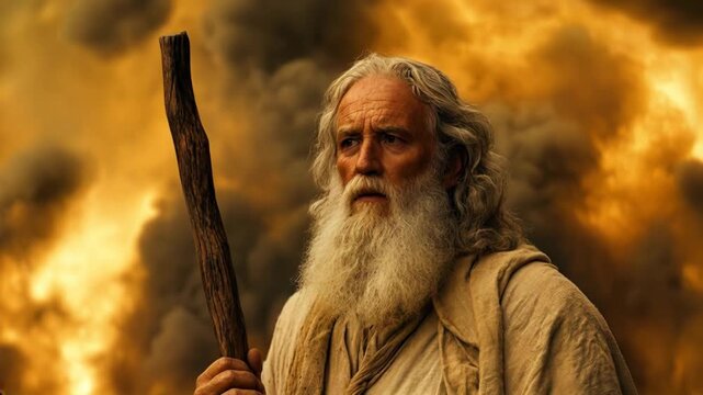 Moses holding a wooden staff against a dramatic background
