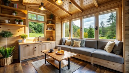 Fototapeta premium Cozy tiny house interior features a compact living area with a plush sofa, wooden coffee table, and large windows allowing natural light to pour in.
