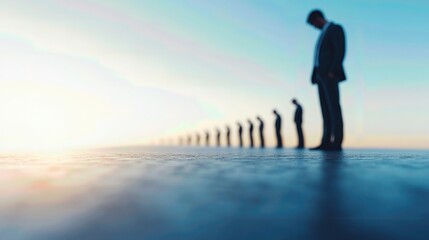Obraz premium A contemplative businessman stands in a line of figures, gazing into the horizon, symbolizing reflection and professional journey.