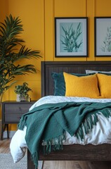 Modern teal and yellow bedroom with stylish wall art and cozy decor