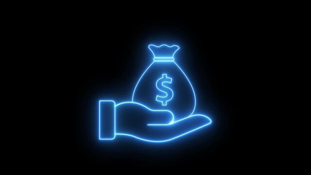 Glowing neon line Money In Hand Icon, investment, growth business, profit, Money, profit, finance success concept. Alpha channel, transparent background. 4K resolution
