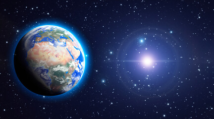 Fototapeta premium Galaxy Earth planet Sun and stars dark blue night sky futuristic background texture web template design 