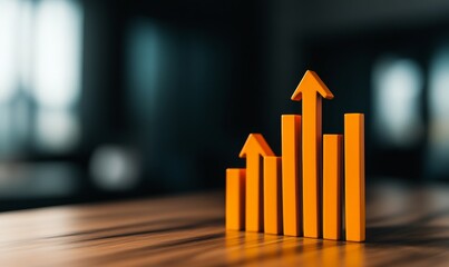 orange bar graph with arrows pointing upwards showing positive growth and success on a wooden desk.