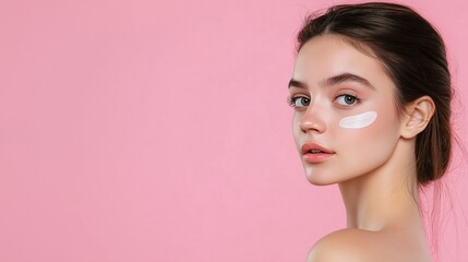Fototapeta premium Portrait of a beautiful woman with moisturizing nourishing facial cream, skin care, copy space, isolated pink background