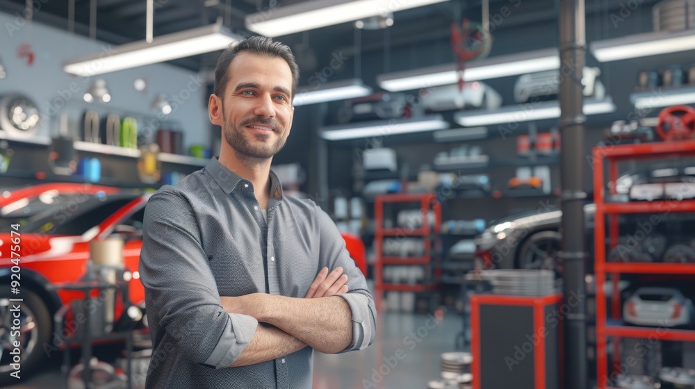 Poster a man is standing in a garage with a car in the background
