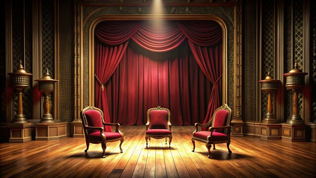 Dimly lit, crimson-curtained empty theater stage with polished wooden floors and vacant, ornate chairs, awaiting the spotlight's glow and a performer's presence.