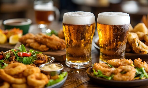 Plenty of snacks such as various fried foods and tacos and cold beer, Generative AI 