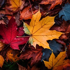 Close-up of autumn leaves in vibrant colors on the ground, Generative Ai