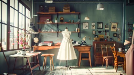 Women fashion dress design studio or atelier workshop for fashion house and custom tailor clothing talent small business.