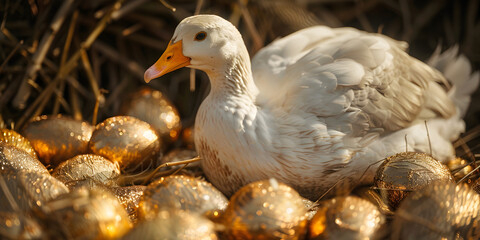 Duck sit on mountain of eggs farm blurred background
