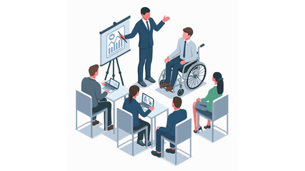 a disbaled person on a wheelchair doing a presentation during a business meeting isometric vector