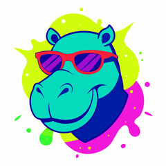 Hippopotamus logo design vector art illustration. Hippopotamus with sunglasses icon illustration.
