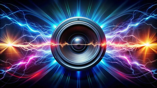 Earsplitting audio waves emanate from a powerful speaker, visualized as vibrant, pulsing sound lines, capturing the intense energy of loud, thunderous sound.