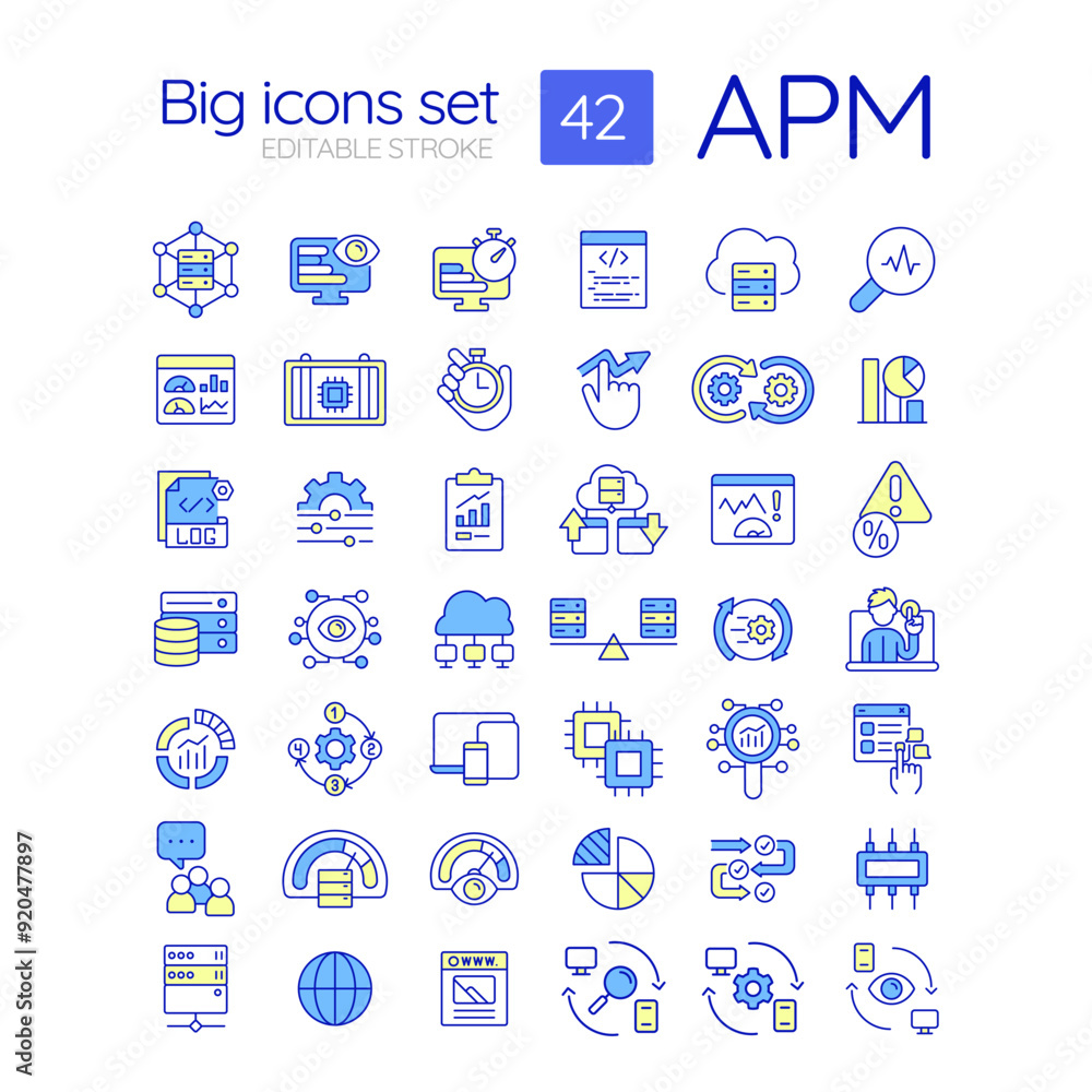 Poster apm rgb color icons set. real user monitoring. cross platform, multi device. domain name system. iso