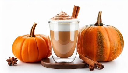Cup of pumpkin spice latte with whipped cream, squashes and cinnamon sticks isolated on white. Ideal for coffee lovers day. 