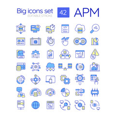 APM RGB color icons set. Real user monitoring. Cross platform, multi device. Domain name system. Isolated vector illustrations. Simple filled line drawings collection. Editable stroke