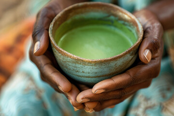 African-American woman's hands with a ceramic teacup filled with green matcha tea drink beverage. Meditative and mindful experience, mindful consumption of drinking matcha.