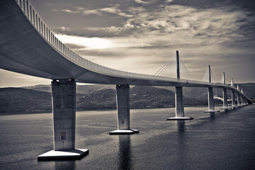 Pelješac Bridge - Europe, Croatia - Pelješki most connects Croatia to Dubrovnik, the old roman Ragusa city - Bridge with reinforced concrete pylons, steel structure and cable-stayed structure