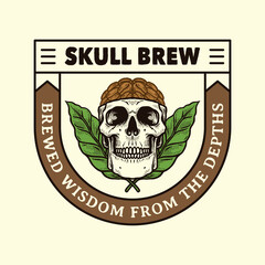 Vintage Skull and Bean Roasters Logo with Coffee Brain and Leaves Perfect for Coffee Shops and Merchandising