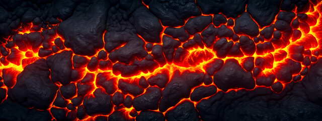 Close-up view of glowing lava cracks background, dark volcanic rocks, intense heat, natural geological texture, vibrant red and black contrast, molten earth surface detail