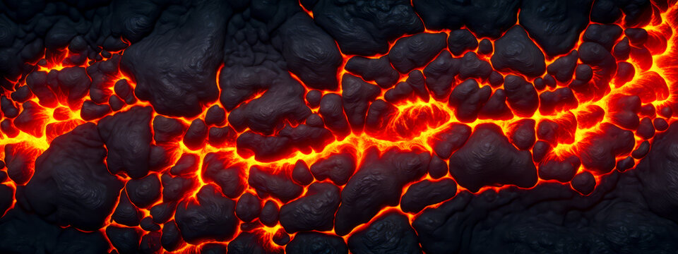 Close-up view of glowing lava cracks background, dark volcanic rocks, intense heat, natural geological texture, vibrant red and black contrast, molten earth surface detail