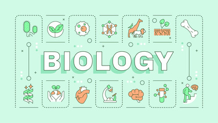 Biology light green word concept. School subject. Human anatomy. Genetics. Microbiology. Typography banner. Vector illustration with title text, editable icons color. Hubot Sans font used