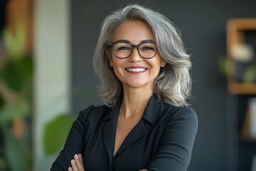 Confident and Proud Hispanic Senior Female Business Leader Smiling in Office
