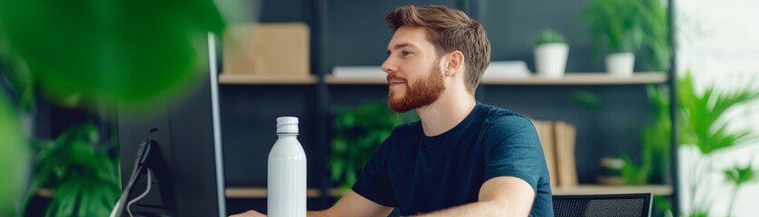 Obraz premium concentrated young man working on computer in modern office with plants and water bottle - business professional focused on work task - digital marketing, e-commerce, and online business concept