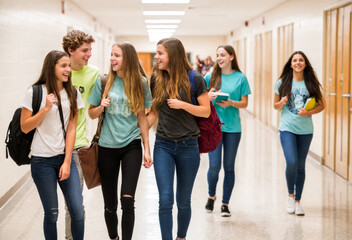 Obraz premium Back-to-School. High school students, backpacks in hand, chat as they walk through hallway on first day of new academic year