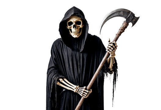 Grim reaper skeleton with scythe in black hooded robe isolated on white background. Spooky figure, death and horror. Halloween, dark themes, and fear-related visuals