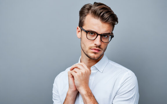 Handsome Young simpering Man in White Shirt Posing, Casual Style, Modern Male Fashion Model on Plain Background