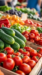 fresh produce display at a farmers market - vibrant colors of tomatoes, cucumbers, and peppers - healthy eating concept.