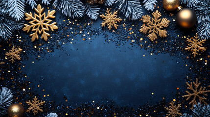 A blue background with a border of golden snowflakes, pine branches, and ornaments.