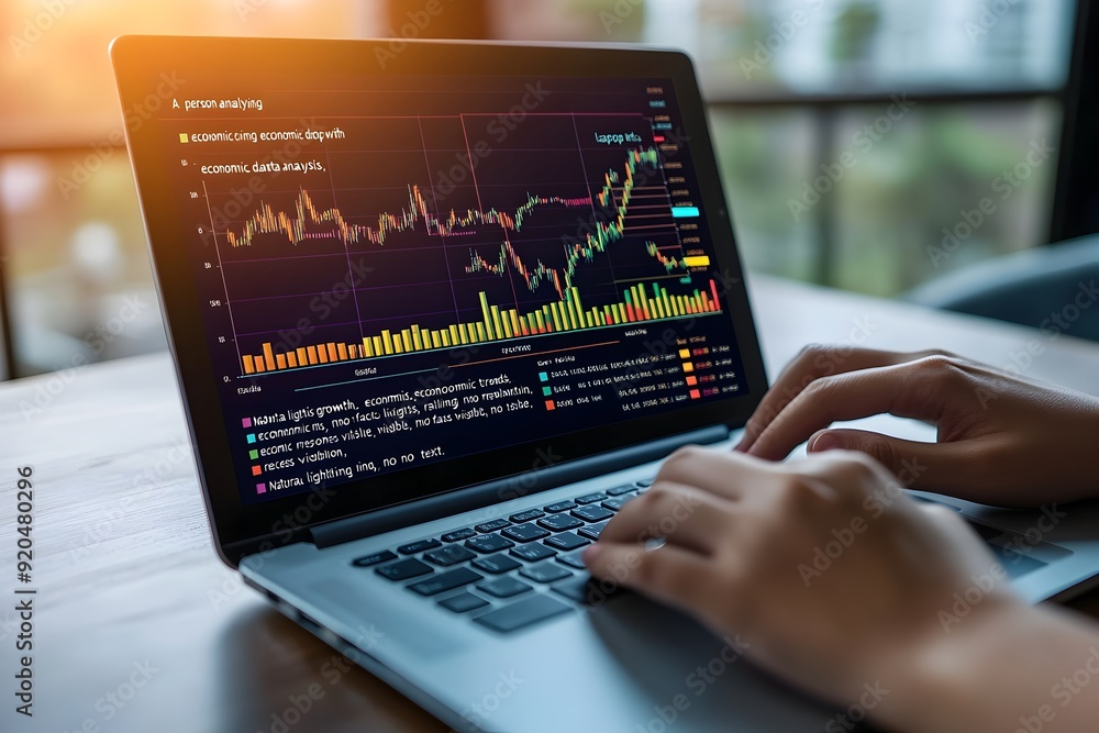 Poster laptop displaying economic data analysis with charts and graphs during financial research or