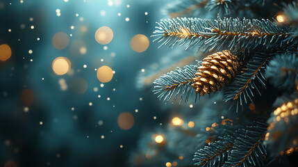 A close-up of a pine tree branch with a golden pine cone. 