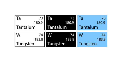 Fototapeta premium Tantalum and Tungsten icons set. Chemical element icons. Linear, silhouette and flat style. Vector icons.