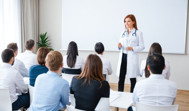 White lab coat expert engages with learners, professional development seminar, interactive healthcare education session in conference space, group learning experience, medical training program