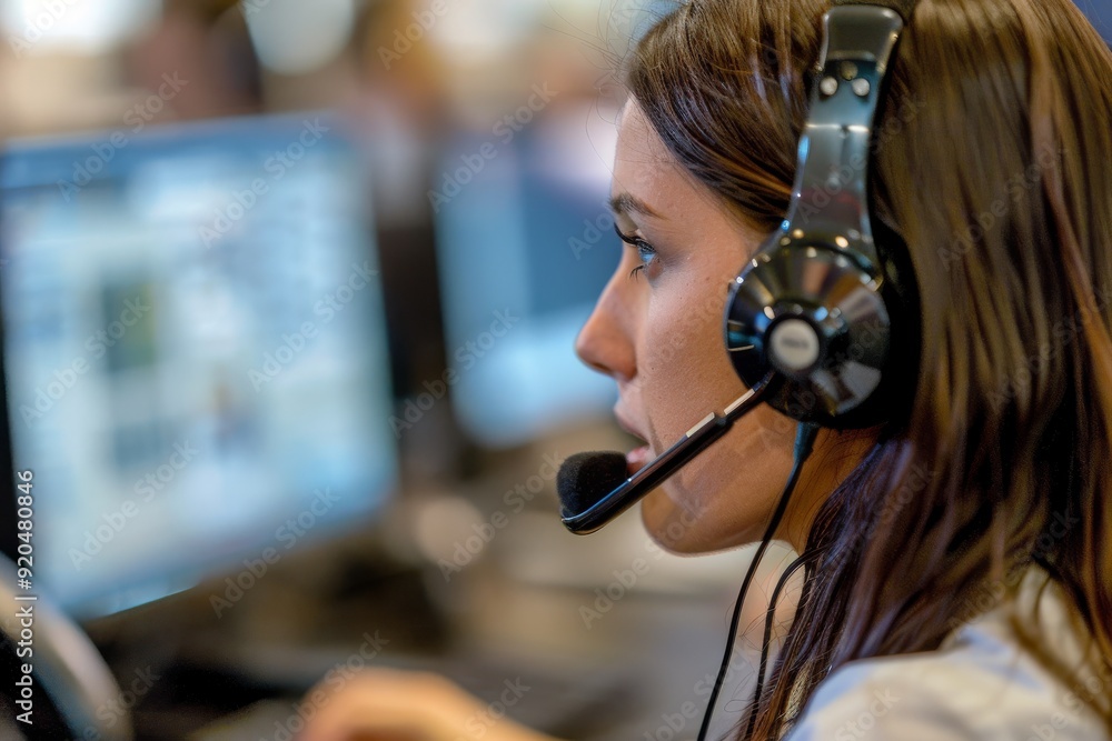 Poster call center agents collaborating and responding to customer inquiries in a modern call center worksp