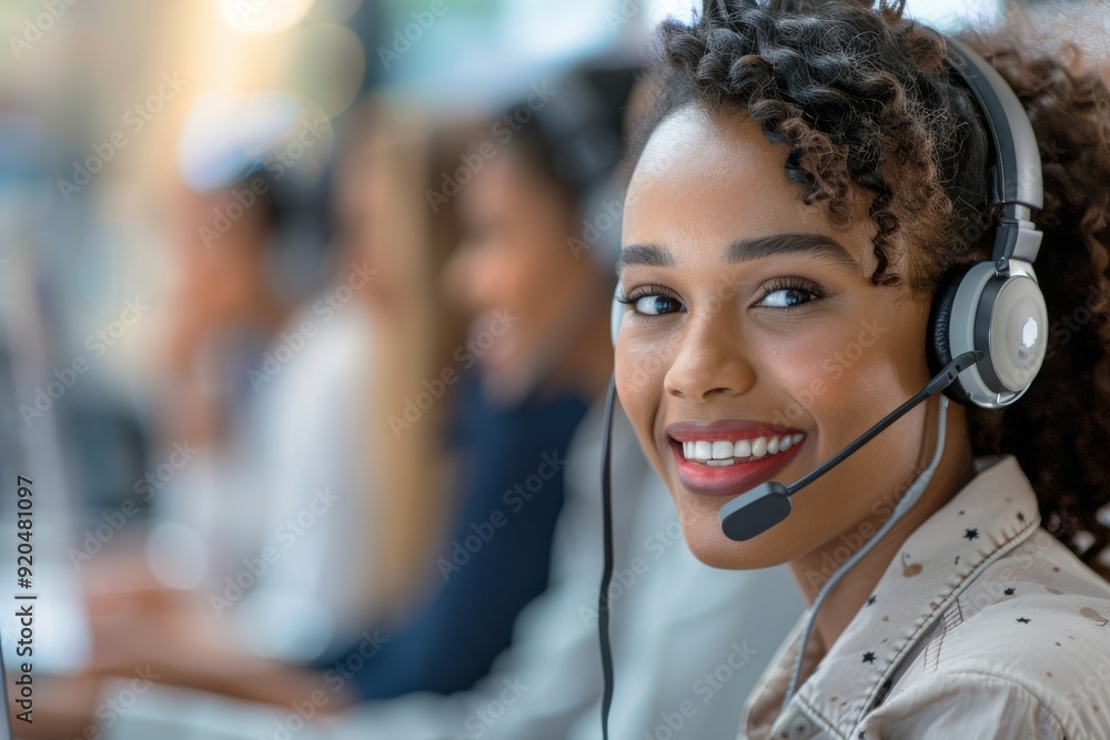 Aufkleber a team of call center agents actively assisting customers through phone calls in a busy call center 