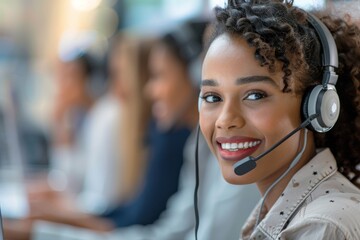 A team of call center agents actively assisting customers through phone calls in a busy call center setting, AI generated