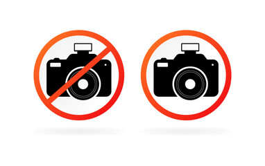 Photo camera. Prohibitory sign. Flat and silhouette style. Vector icons.