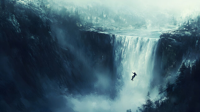A base jumper leaping from a waterfall into a misty pool below, with the jumper&rsquo;s form captured as they enter the cascading water and the mist enveloping the scene.


