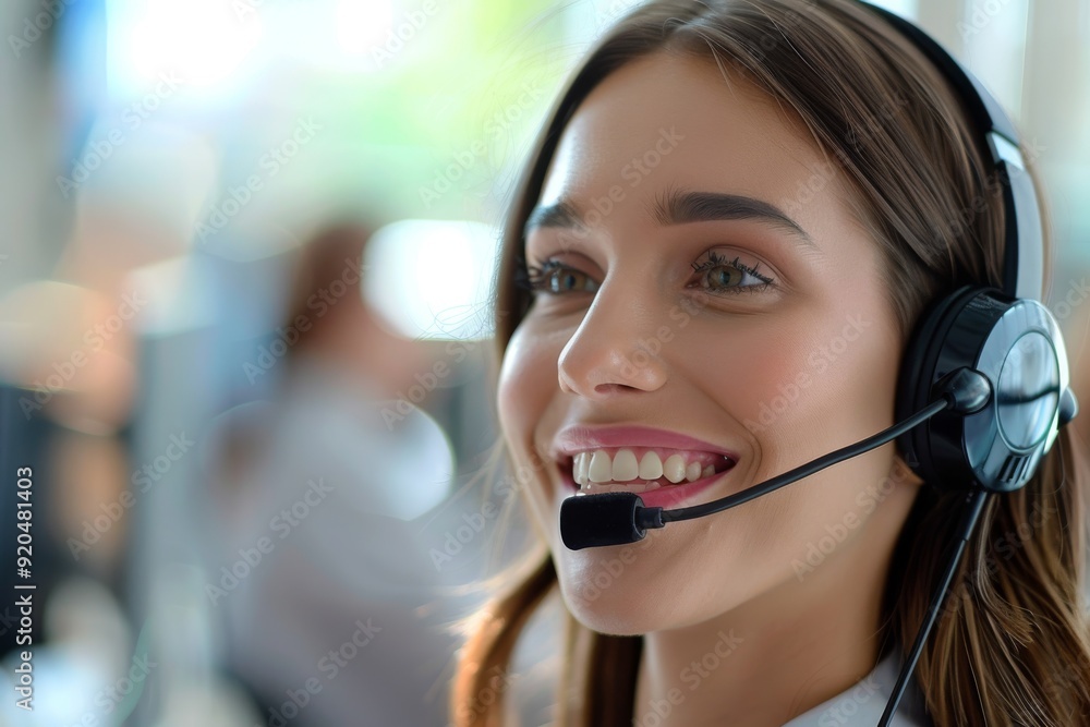 Poster call center agents collaborating and responding to customer inquiries in a modern call center worksp