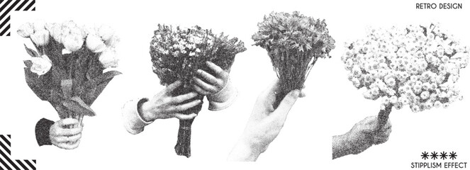 Set of human hands with bouquet of flowers with retro photocopy effect. Vector elements with grain effect.