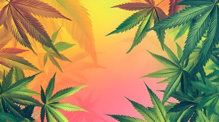Marijuana leaves on a colorful background, close up top view on cannabis leaves and branches on colorful background for alternative medical and marketing design concept