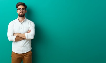 Fototapeta premium confident young man with arms crossed standing against a teal wall - portrait of a successful businessman.