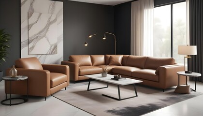 3D rendering of a luxury and modern living room featuring a high-end leather sofa and a stylish lamp.